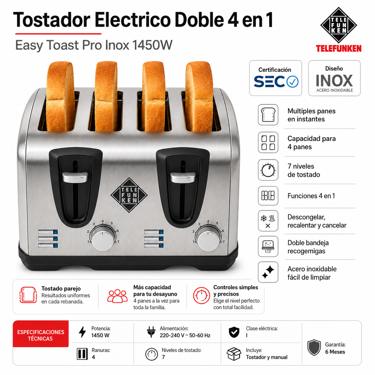 Tostador Eléctrico Doble  (4en1) Easy Toast Pro Inox 1450W