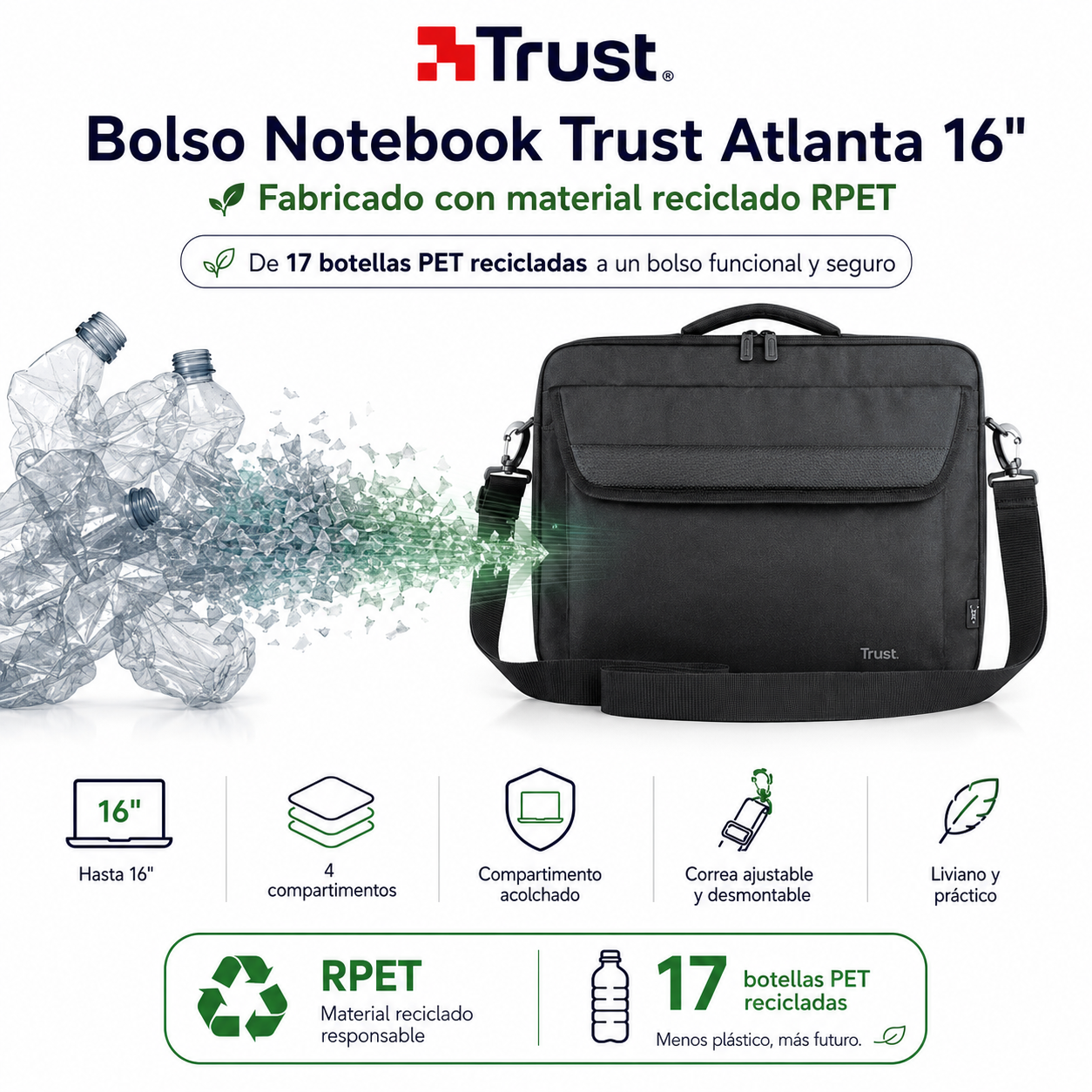 Bolso Notebook Trust Atlanta 16" con Correa Reinforced Black