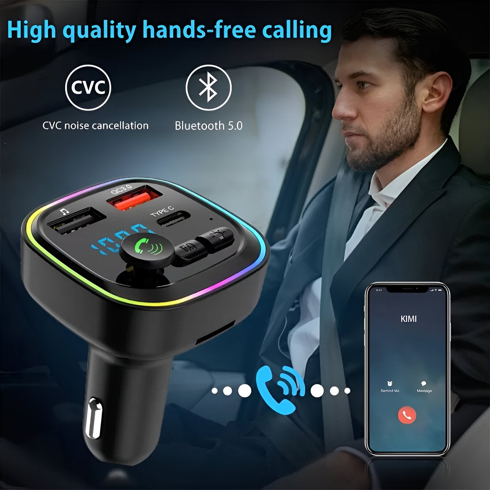 Transmisor FM Bluetooth + Puerto Quick Charge 20W 12/24V RGB