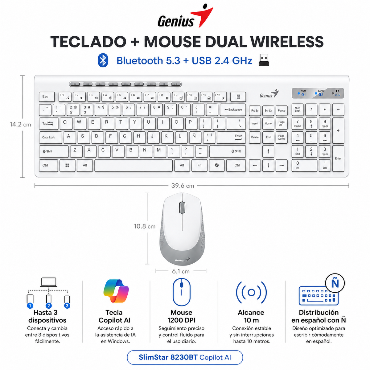 Teclado y Mouse Dual Wireless Bluetooth  + USB 2G Copilot AI
