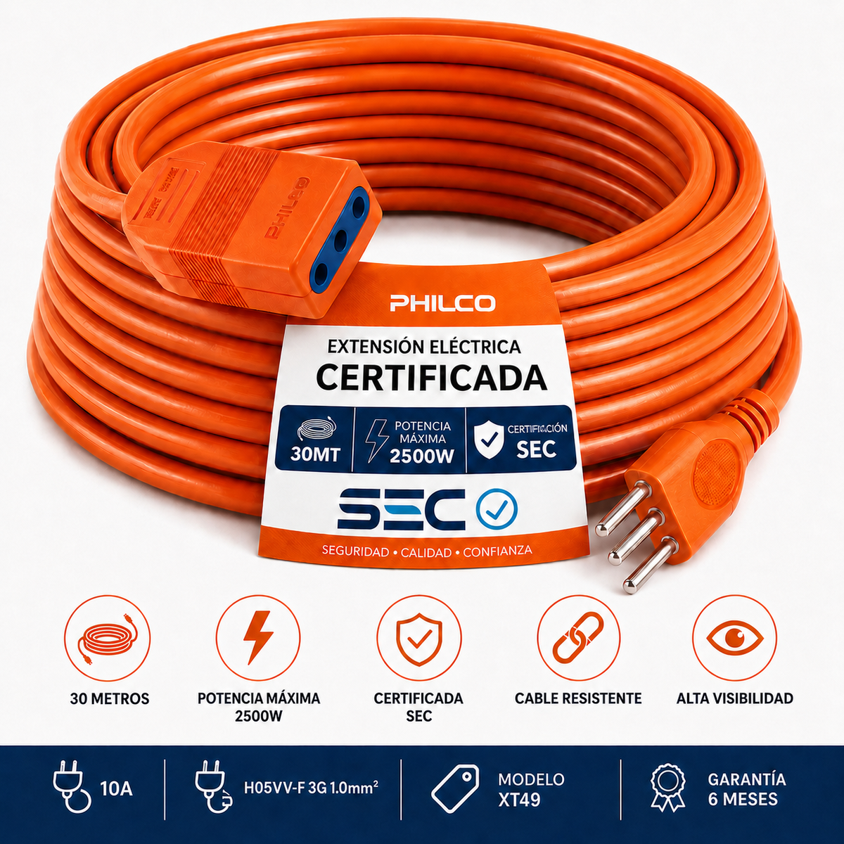 Extensión Eléctrica 30 Metros SEC XT49/ 2500W/ 10A Naranjo