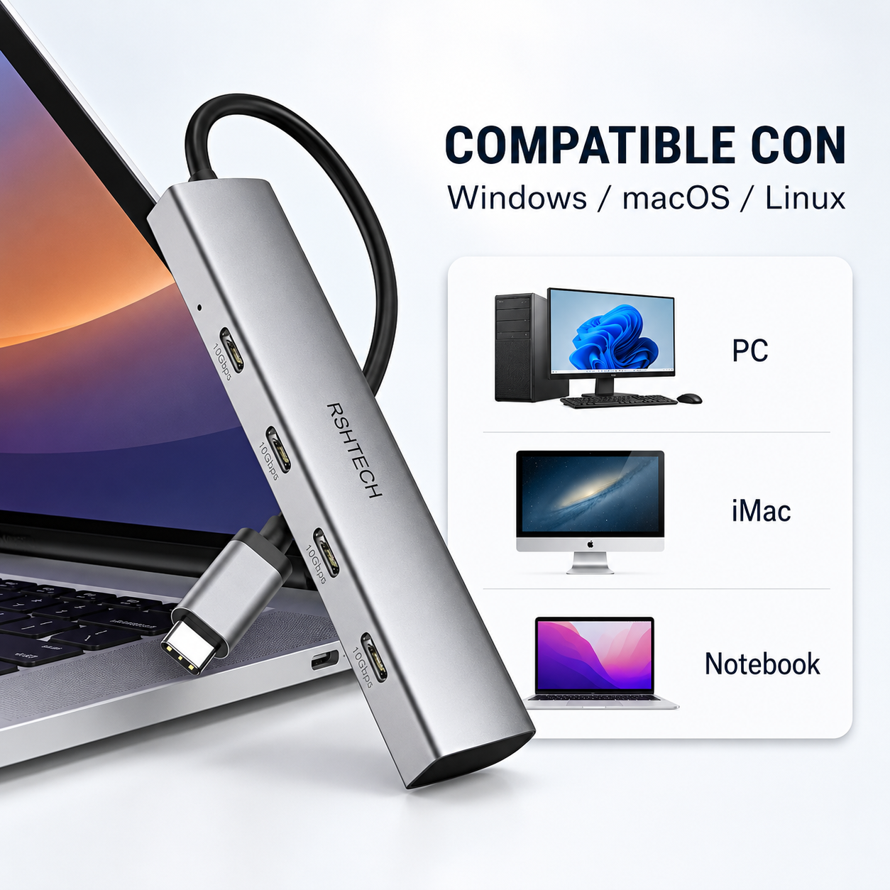 HUB USB-C 3.2 Aluminium 4 Puertos C TM-100554