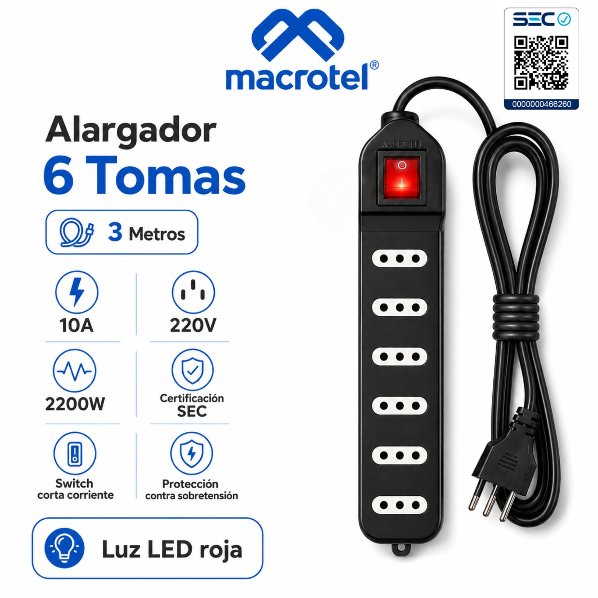 Alargador de 3MT Certificado 6 POS + Switch Corta Corriente ME-070B