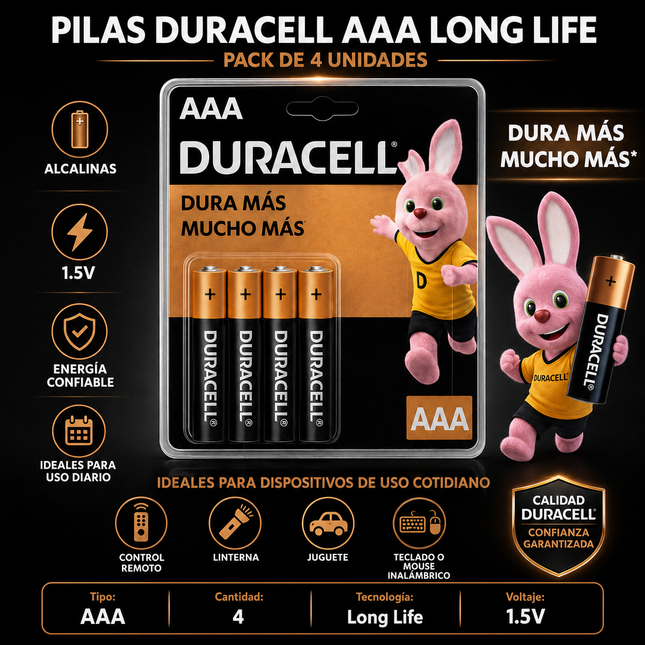 Pack de 4 Pilas Duracell AAA Blister Long Life