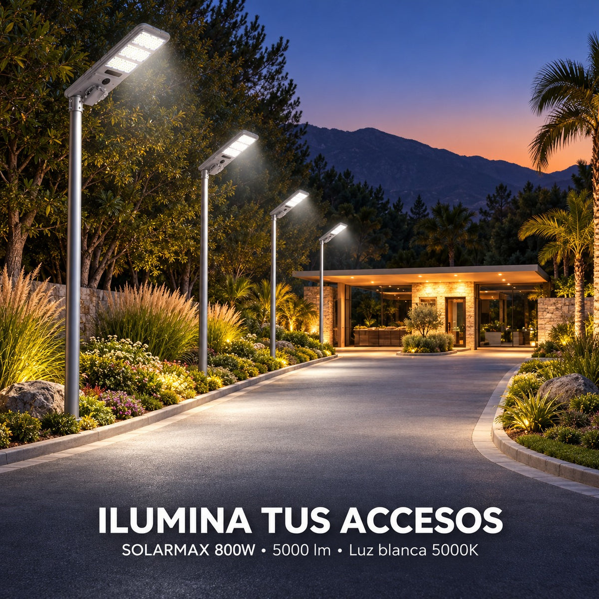 Luminaria Solar Peatonal 800W con Panel de Alta Eficiencia
