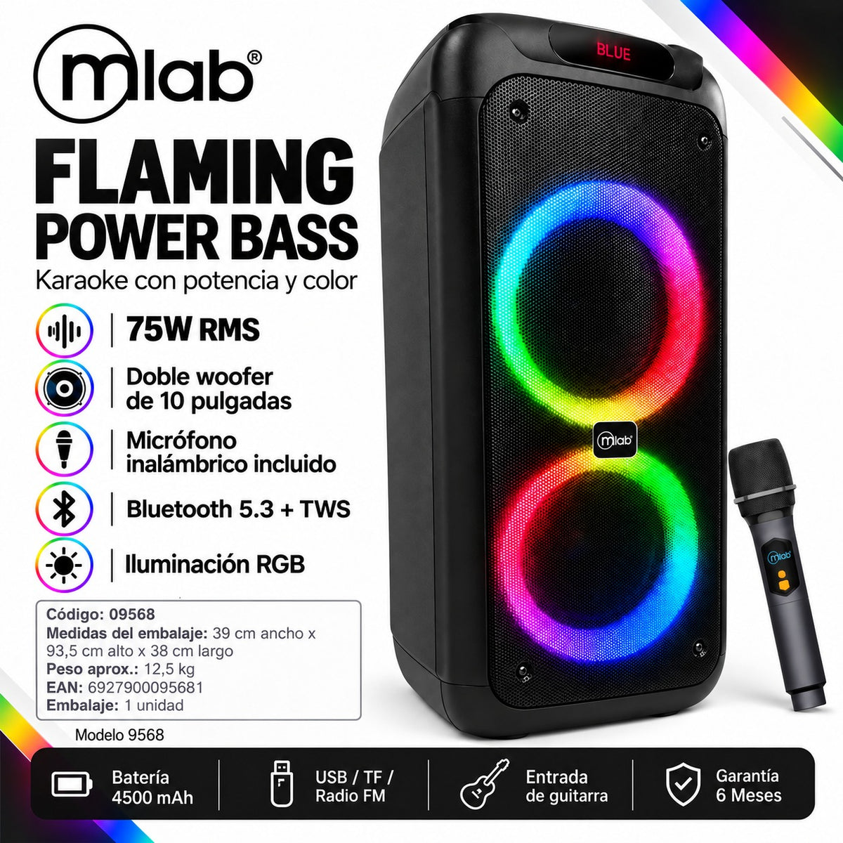 Parlante Karaoke 10" Mlab Flaming Power Bass MicWireless 75W