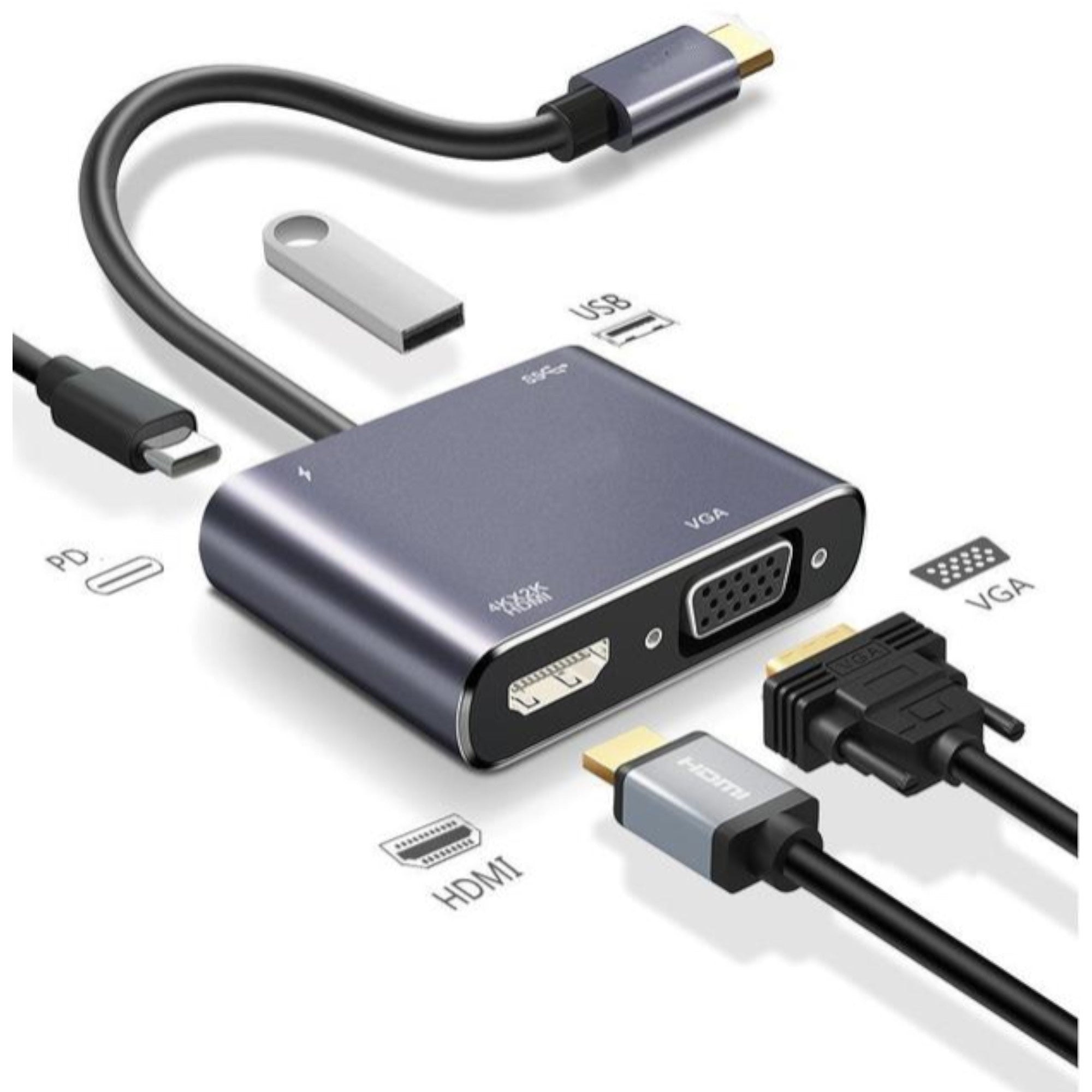 Hub Adaptador 4 en 1 Type-C a HDMI 4K + VGA + USB 3.0+ USB C
