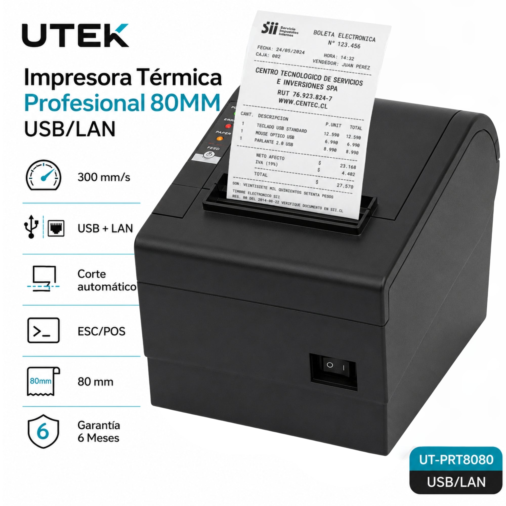 Impresora Térmica Profesional 80MM UTEK USB / LAN UT-PRT8080