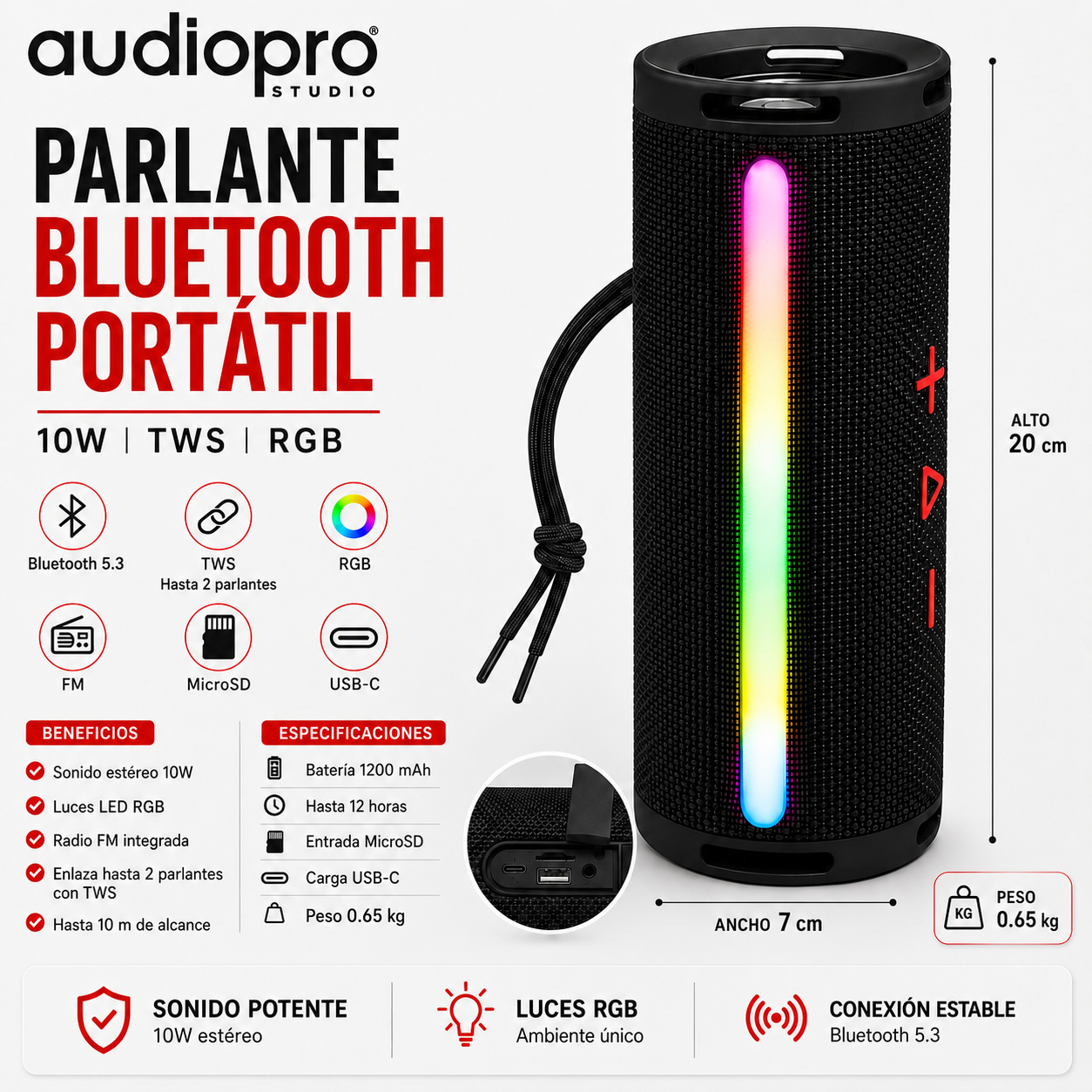 Parlante Portátil Bluetooth TWS Iluminación RGB  10W Negro
