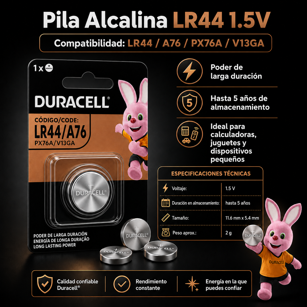 Pila Duracell Especial Alcalina LR44/ A76/ PX76A/ V13GA 1.5V