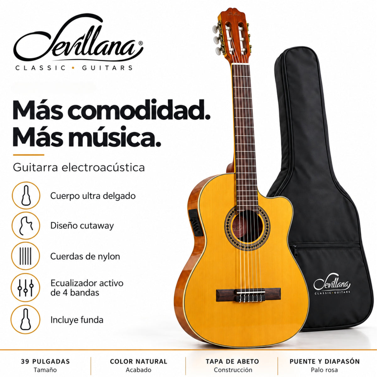 Guitarra Electroacústica Sevillana Cutaway Ultra Delgada Natural con Ecualizador y Funda