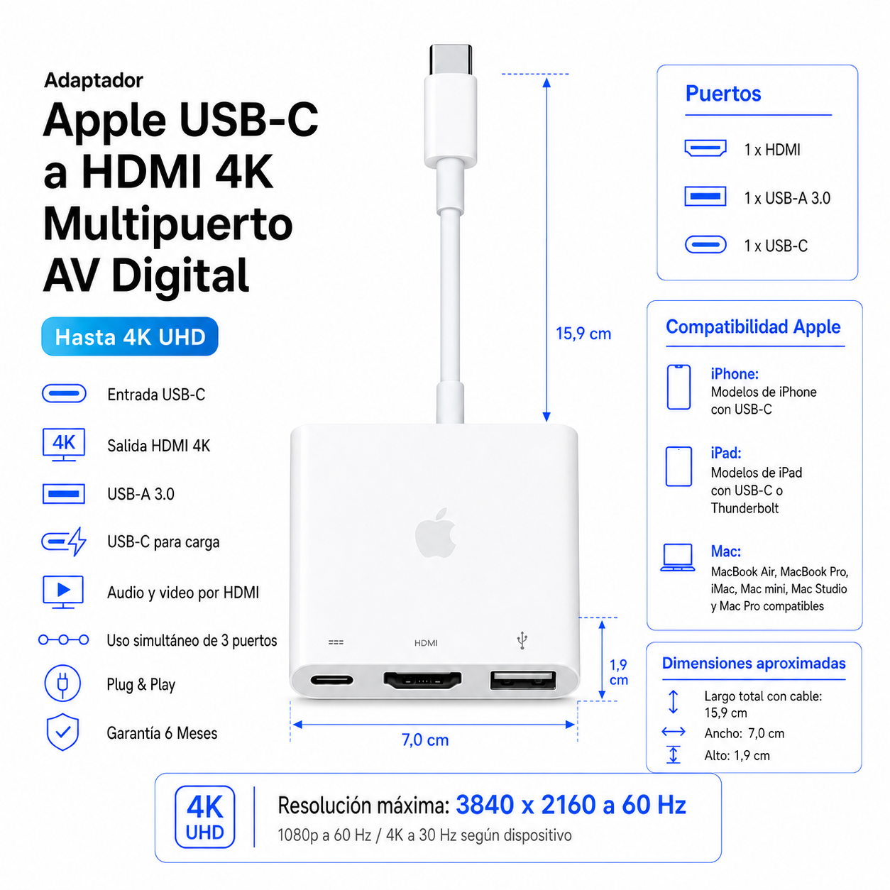 Adaptador Apple USB-C a HDMI 4K Multipuerto AV Digital