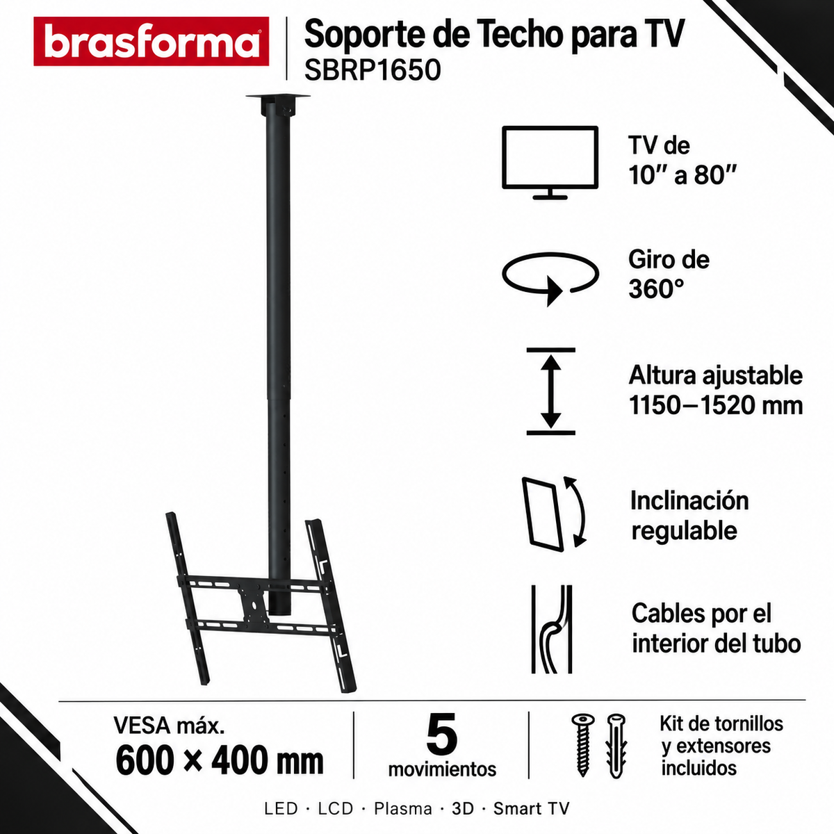 Soporte de TV para Techo Giratorio Ajustable 80" Max
