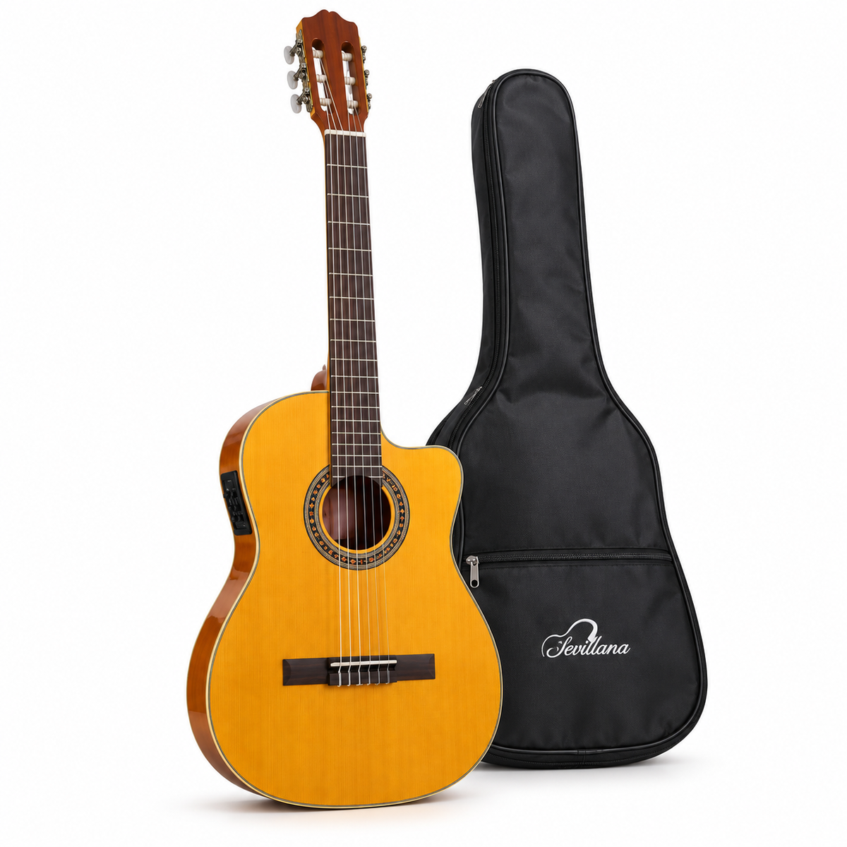 Guitarra Electroacústica Sevillana Cutaway Ultra Delgada Natural con Ecualizador y Funda
