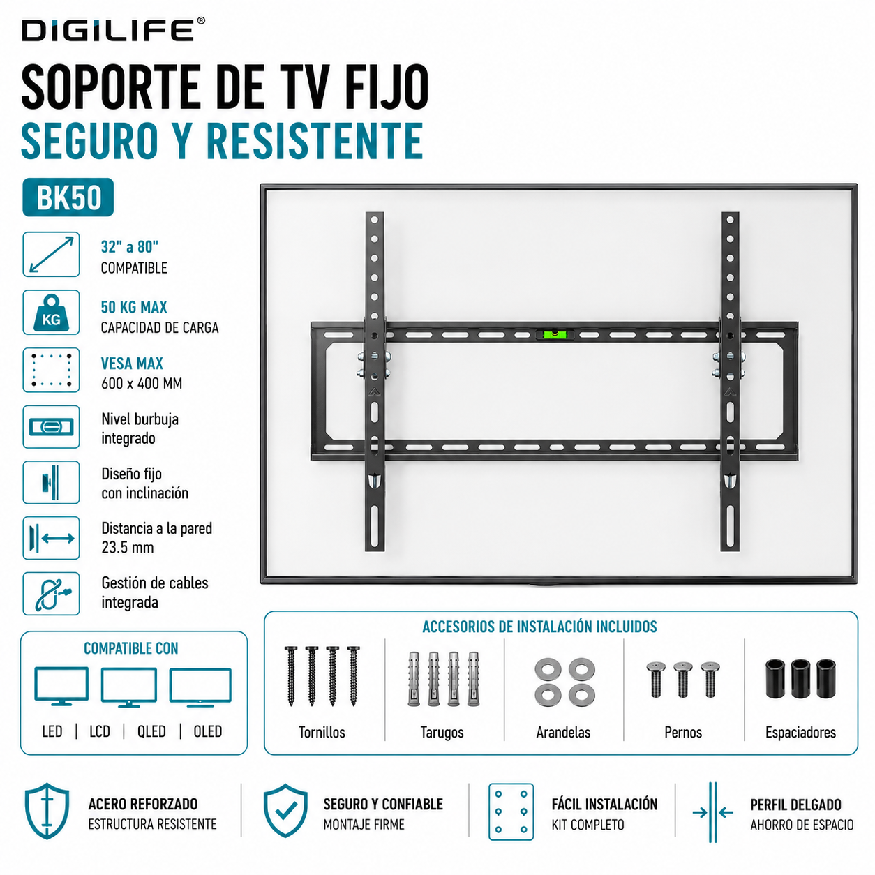 Soporte de TV Fijo de 32" A 80" 50 KG Max Acero Forjado BK50