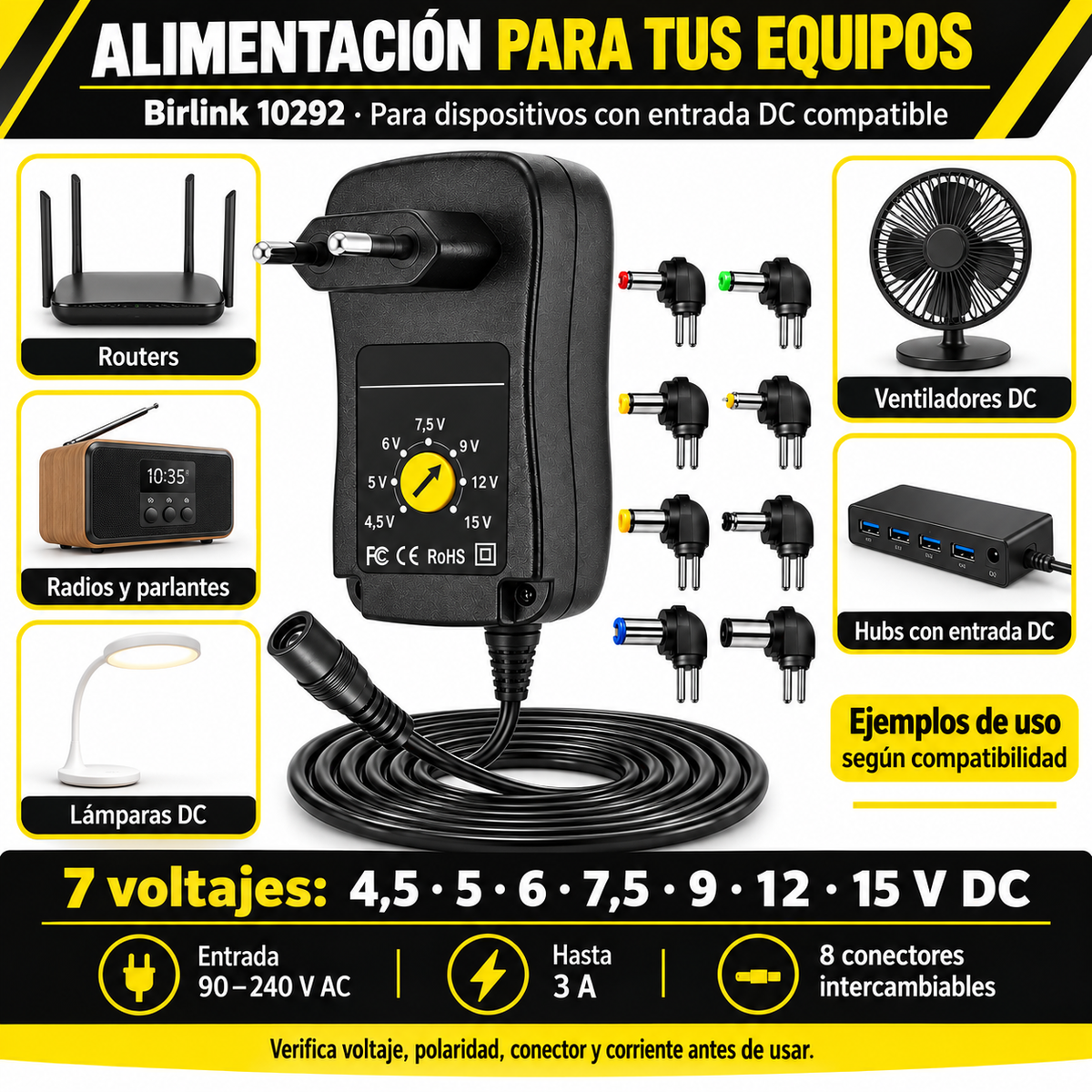 Transformador 15V Regulables 3A / 45W + 8 Plug Universales