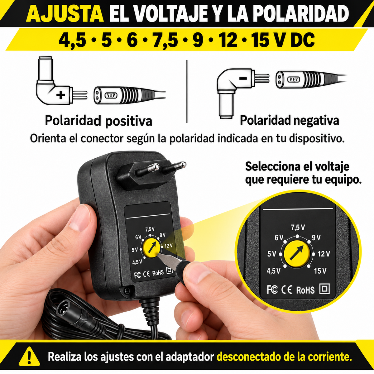 Transformador 15V Regulables 3A / 45W + 8 Plug Universales