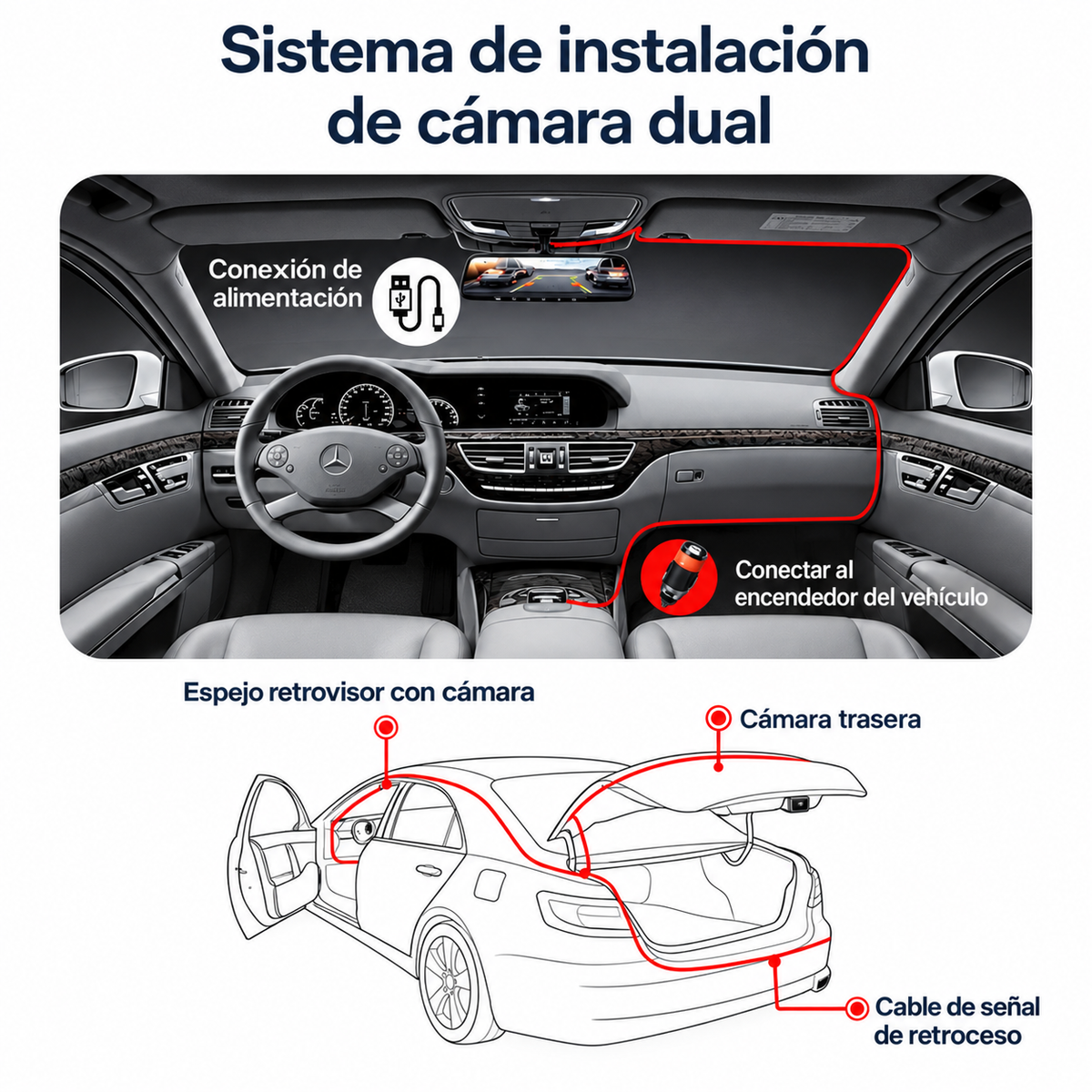 Dashcam Espejo Retrovisor Dual Cámara Frontal y Trasera FHD