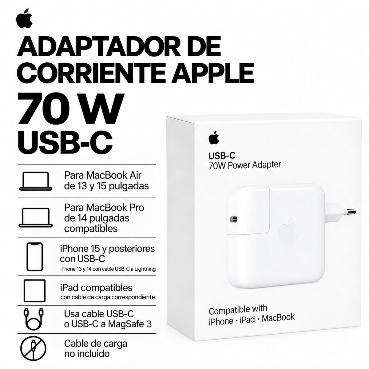 Cargador Apple USB-C Original Power Adapter Universal 70W