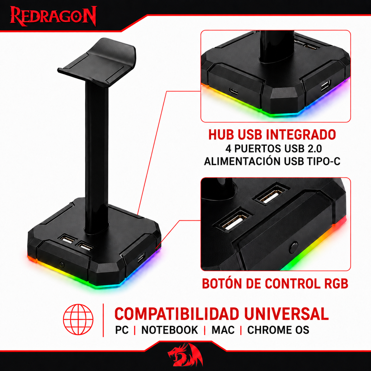 Soporte para Audífonos Redragon Scepter con Hub Usb FULL RGB