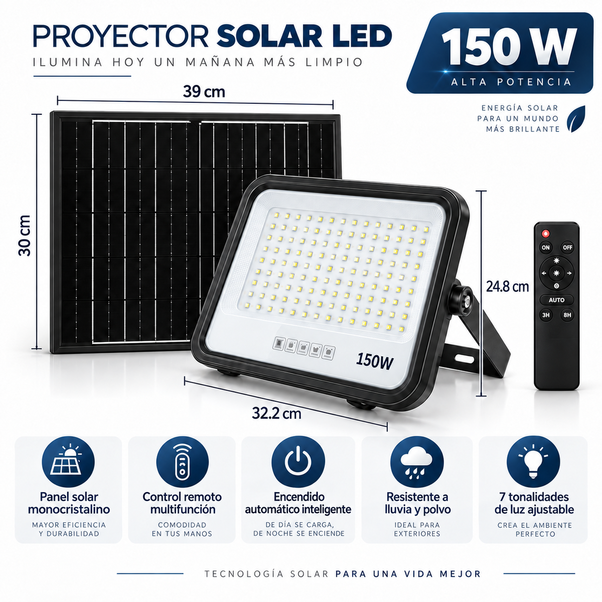 Proyector LED 150W con Panel Solar Independiente + Cable 5MT