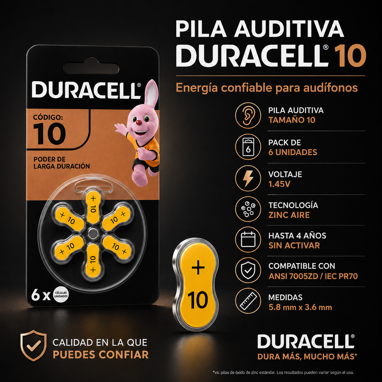 Pila Duracell 10 Auditiva Pack de 6U - 1.45V Larga duración