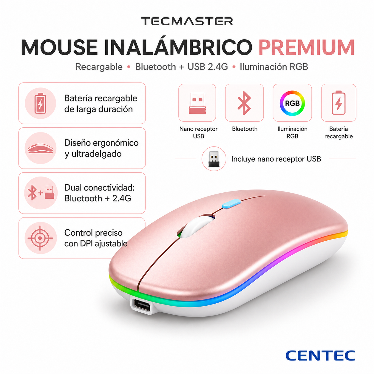 Mouse Dual Inalámbrico Rosado Recargable Bluetooth + USB 2G