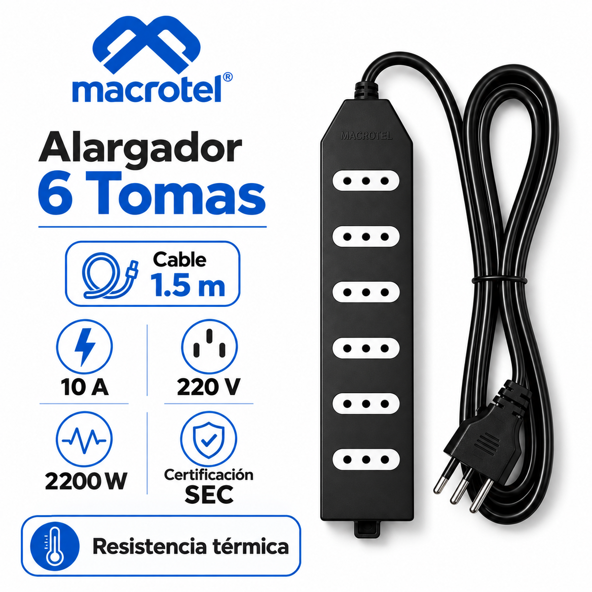 Alargador 1.5M Certificado con 6 Tomas de Corriente ME-206B1