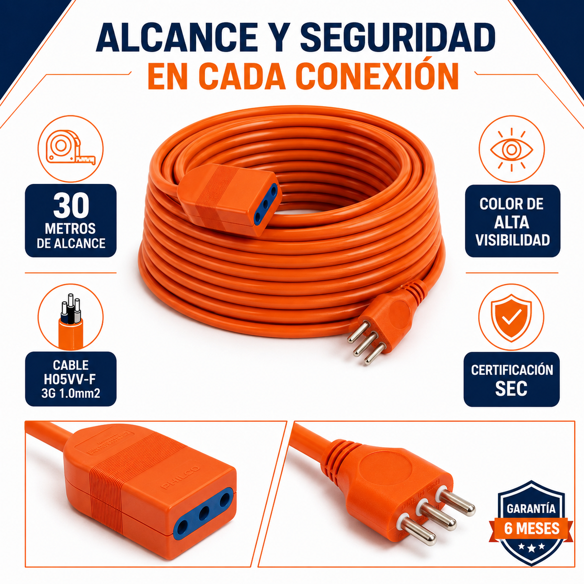 Extensión Eléctrica 30 Metros SEC XT49/ 2500W/ 10A Naranjo