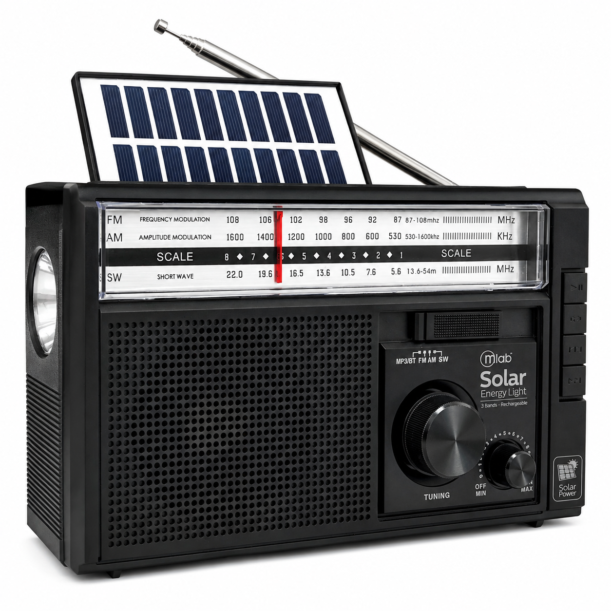 Radio AM/ FM/ SW/ BT Recargable USB-C + Carga Solar & Pilas