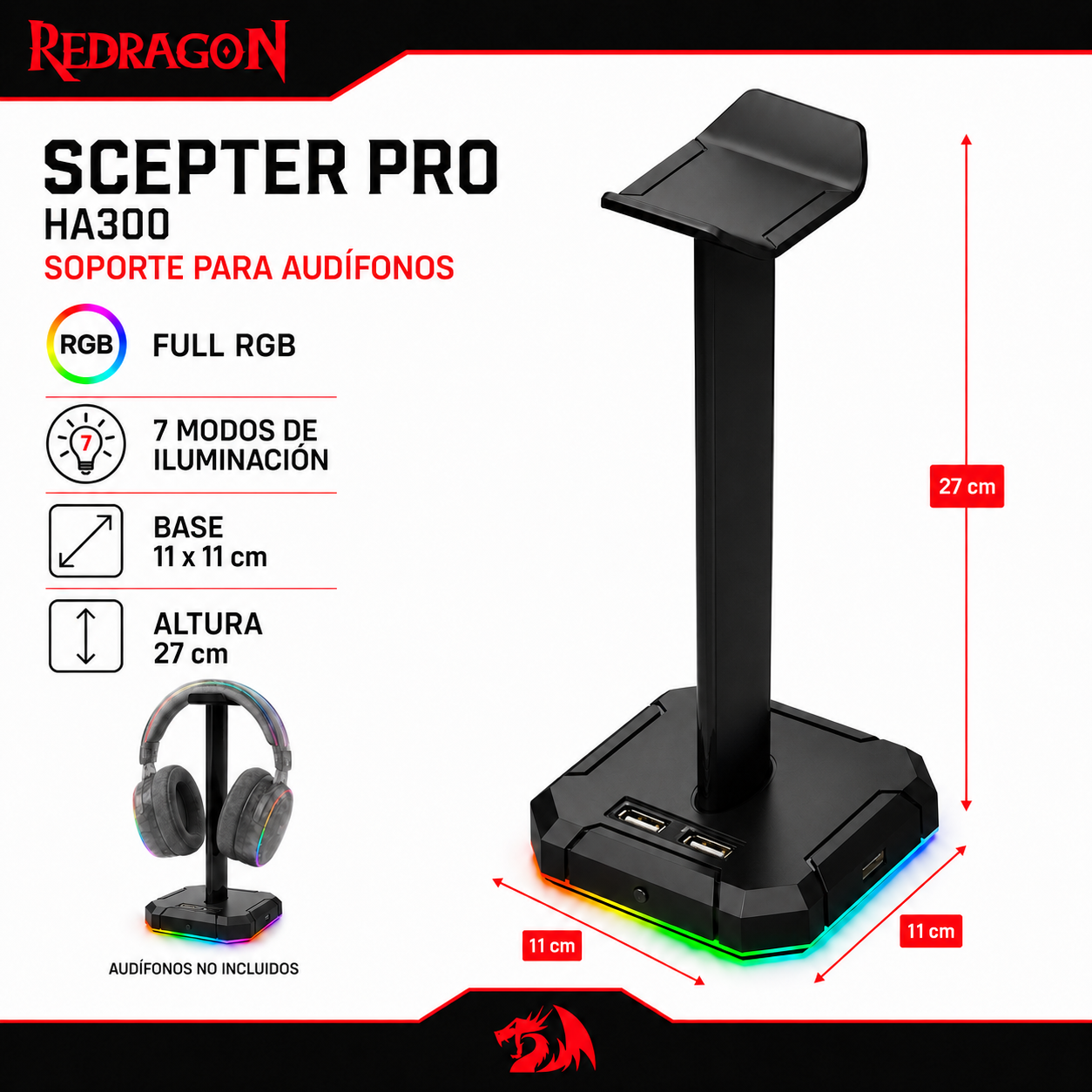 Soporte para Audífonos Redragon Scepter con Hub Usb FULL RGB