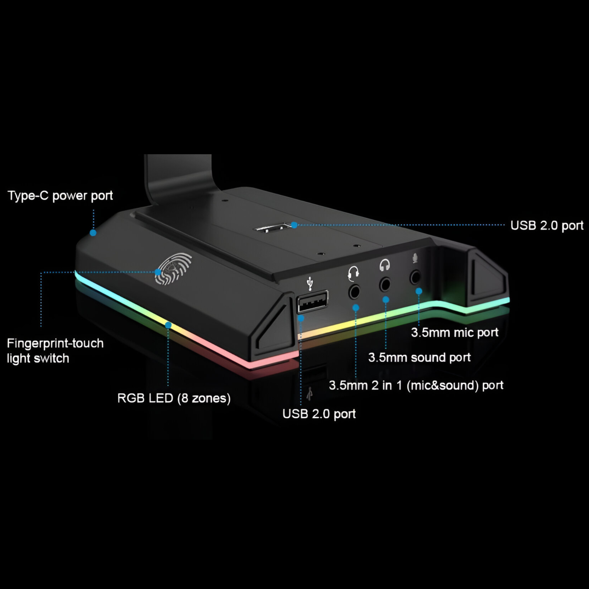Soporte de Audífonos Full RGB Multimedia 7.1 + Puertos USB
