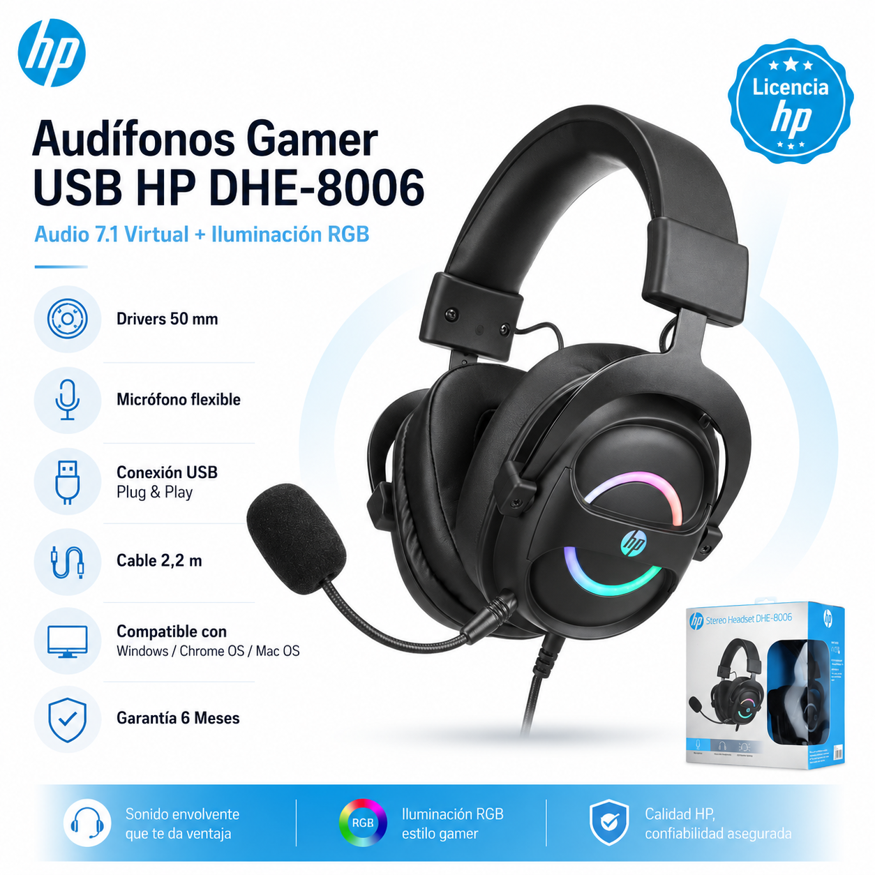Audífonos Gamer USB HP DHE-8006 Audio 7.1 + Iluminación RGB