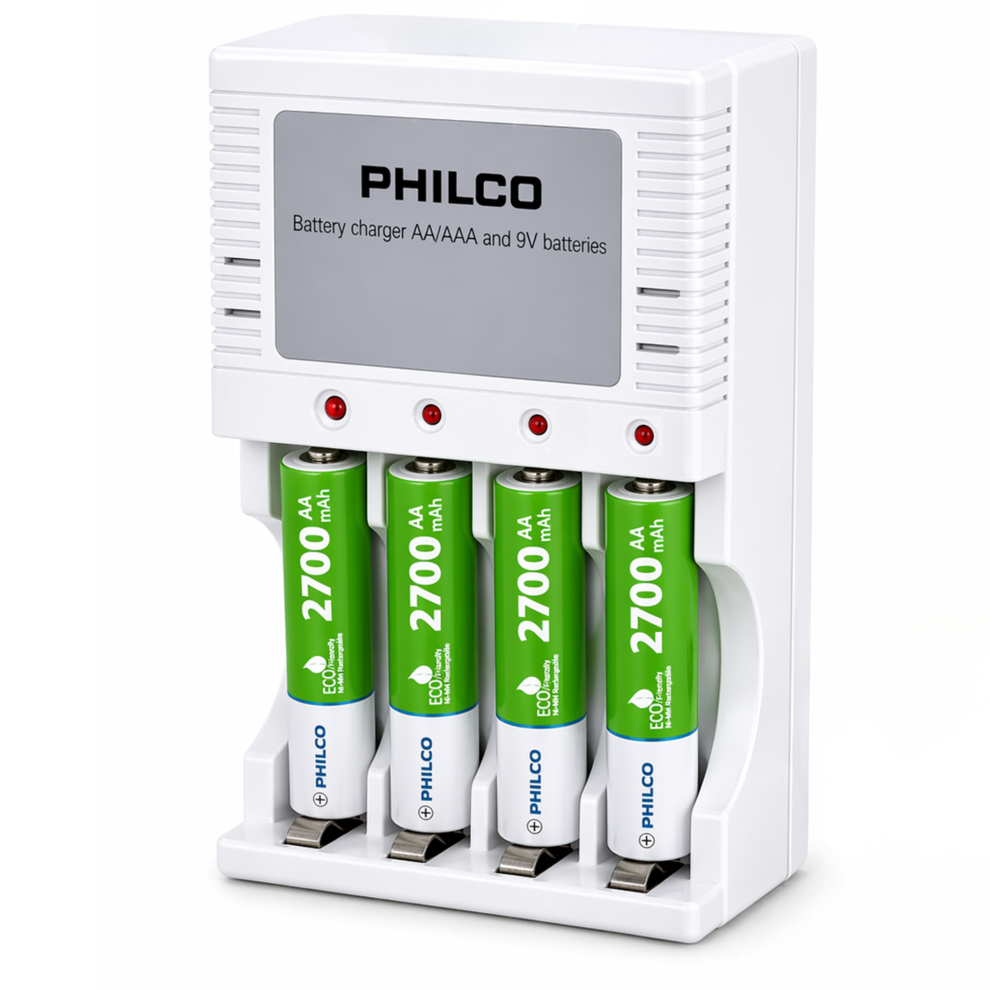 Cargador De Pilas + 4 Pilas AA 2700 mAh Pre Cargadas Philco