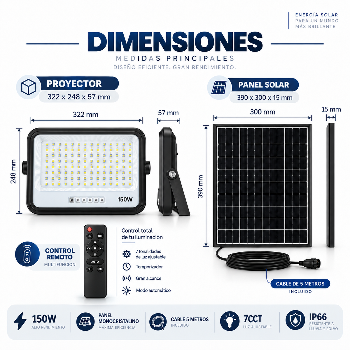 Proyector LED 150W con Panel Solar Independiente + Cable 5MT
