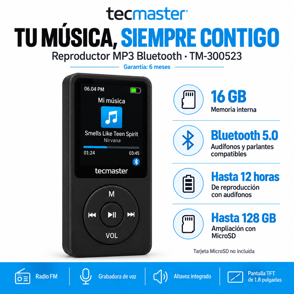 Reproductor MP3 16GB Bluetooth 5.0 Tecmaster TM-300523 Negro