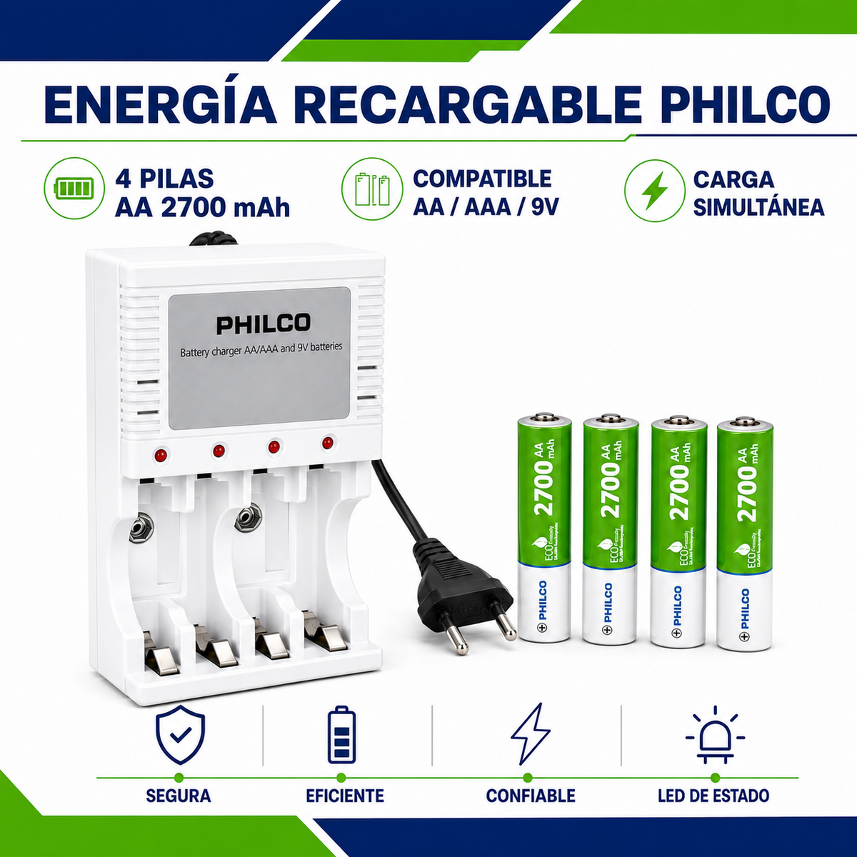 Cargador De Pilas + 4 Pilas AA 2700 mAh Pre Cargadas Philco