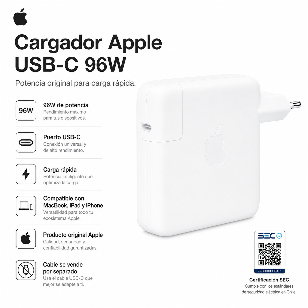 Cargador Apple USB-C 96W High Power Original White