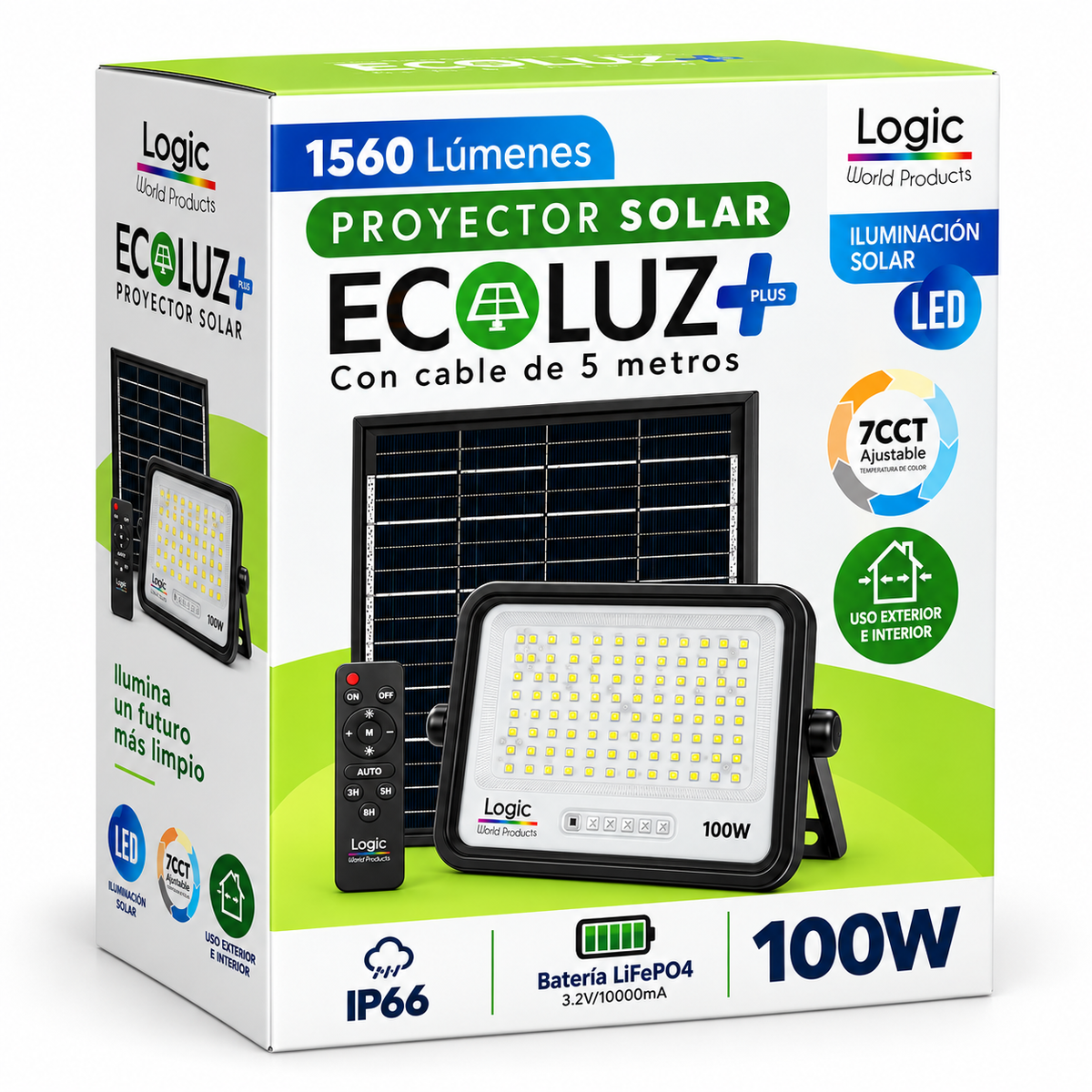 Proyector LED 100W con Panel Solar Independiente + Cable 5MT