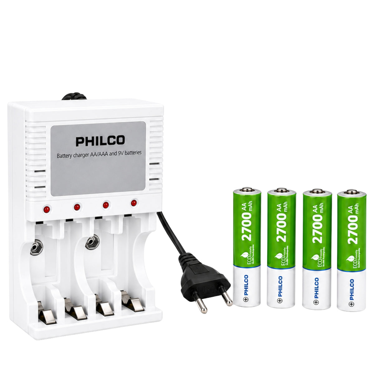 Cargador De Pilas + 4 Pilas AA 2700 mAh Pre Cargadas Philco