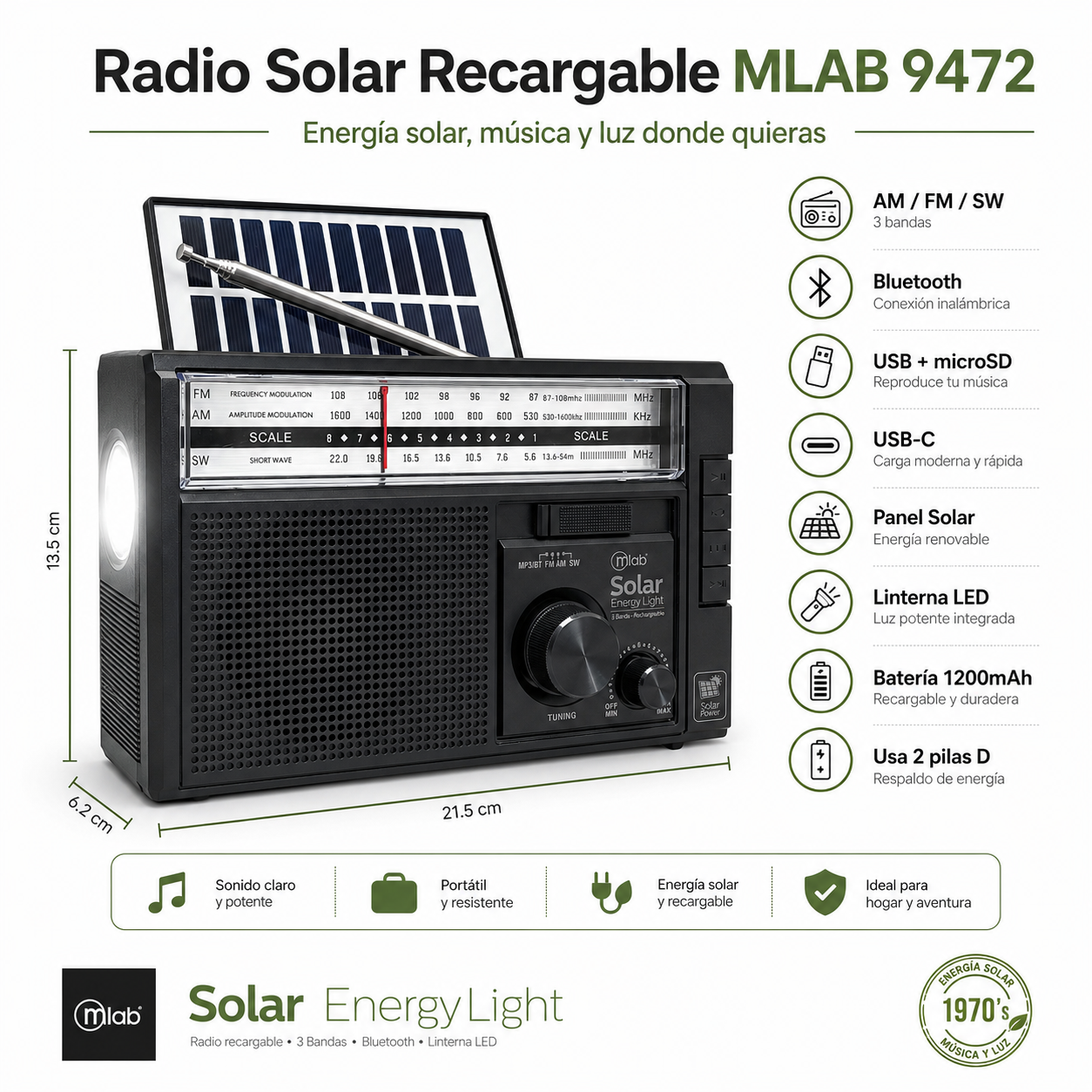 Radio AM/ FM/ SW/ BT Recargable USB-C + Carga Solar & Pilas