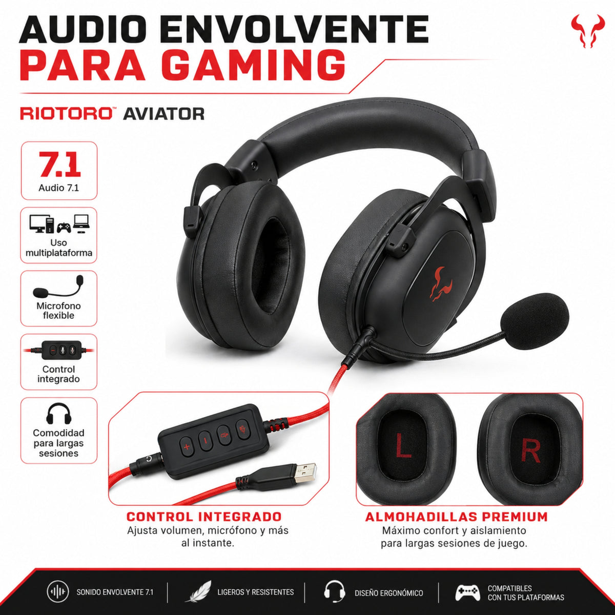 Audifonos Gamer Riotoro Aviator Multiplataforma Audio Pro 7.1