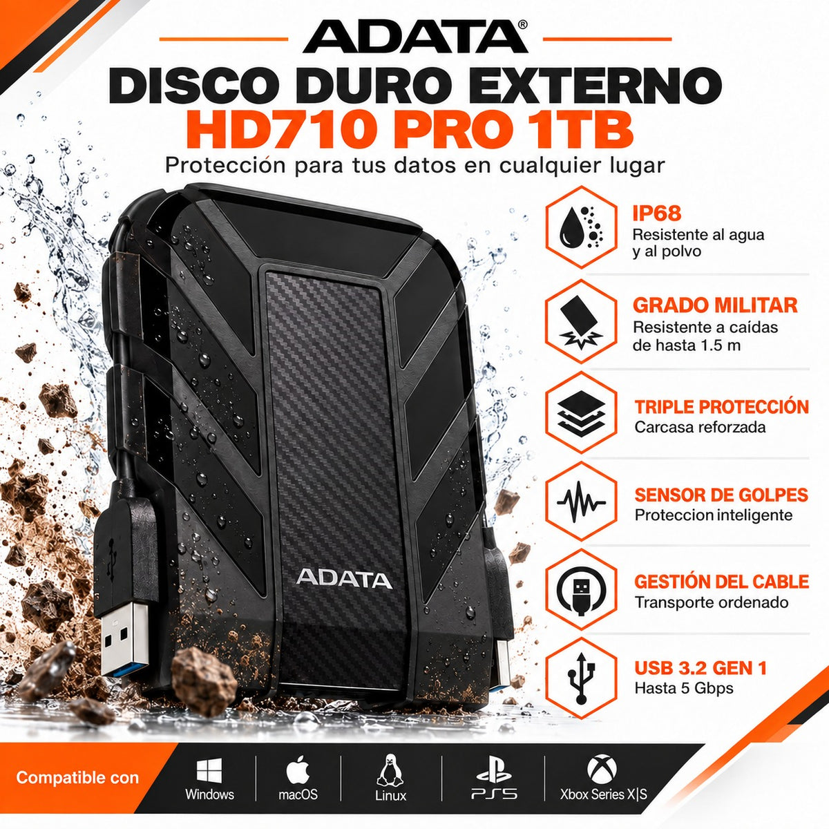 Disco Externo Adata 1Tb AntiGolpes/Waterproof HD710PRO Black