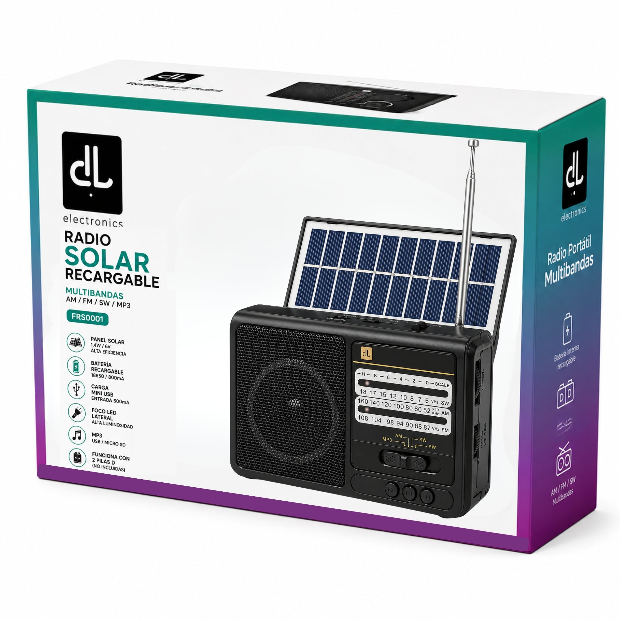 Radio Solar Recargable Multibanda AM/FM/ SW/MP3/SD/ Linterna