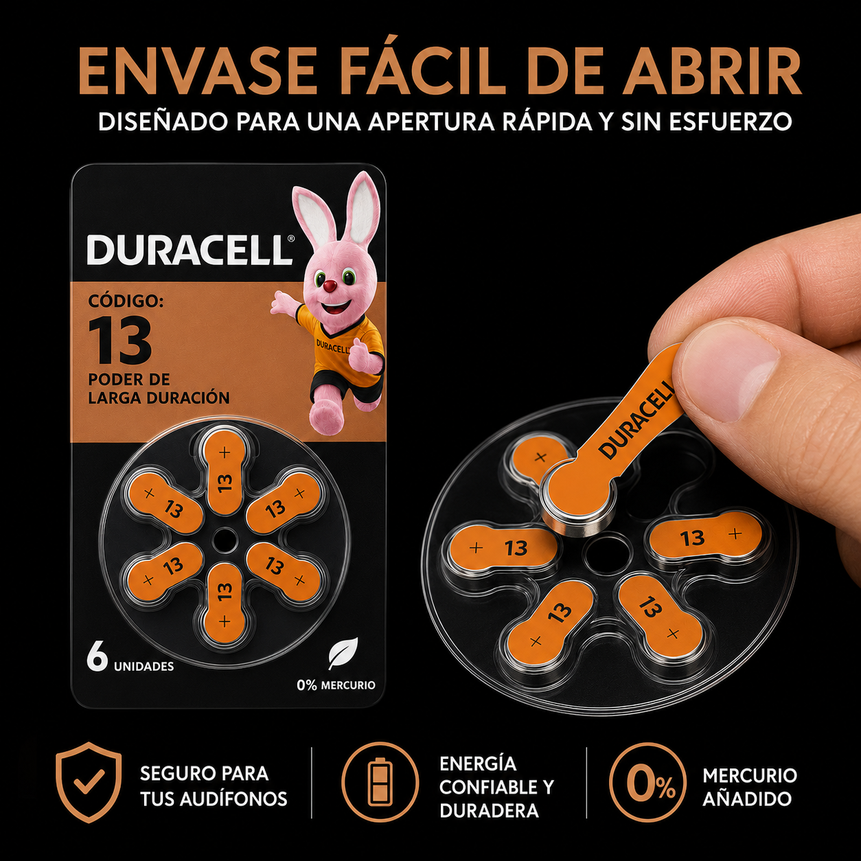 Pila Duracell 13 de Audiología de Larga Duración (Pack de 6)