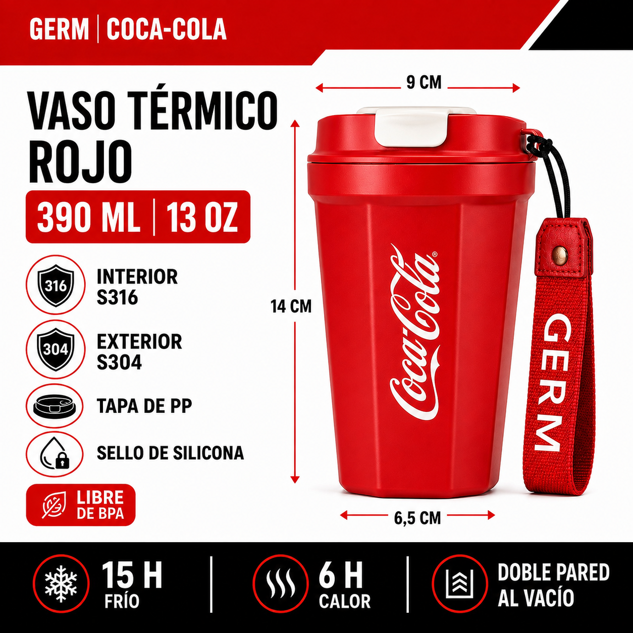 Vaso Termico MUG Germ Coca-Cola Acero Inoxidable 390ML Red