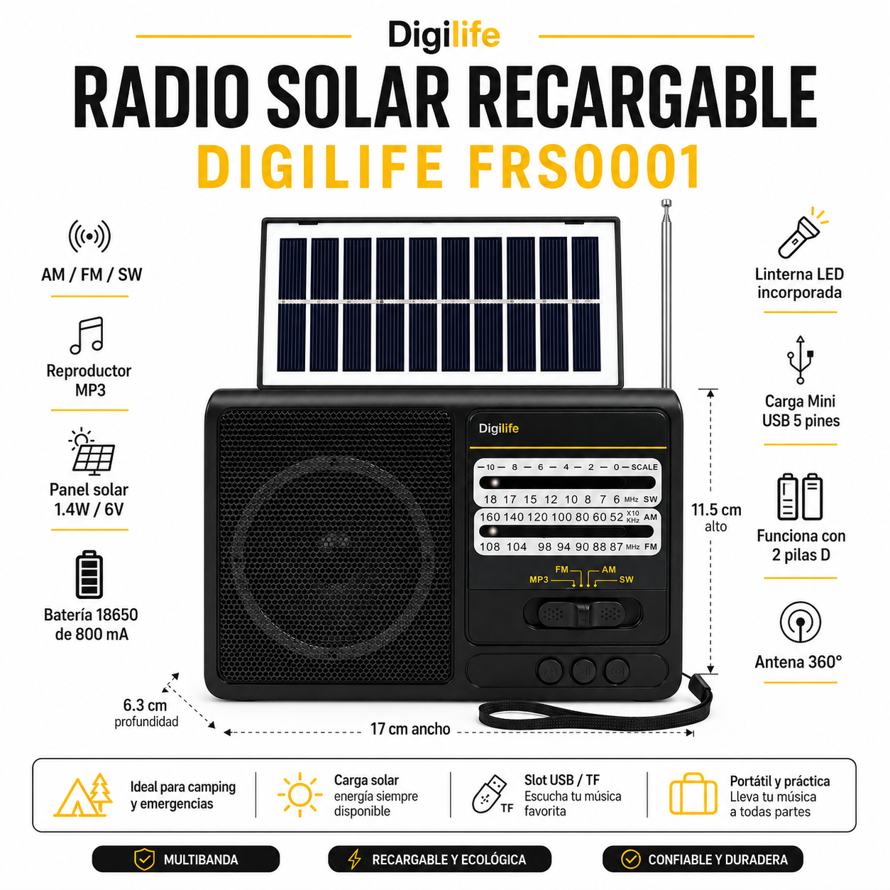 Radio Solar Recargable Multibanda AM/FM/ SW/MP3/SD/ Linterna