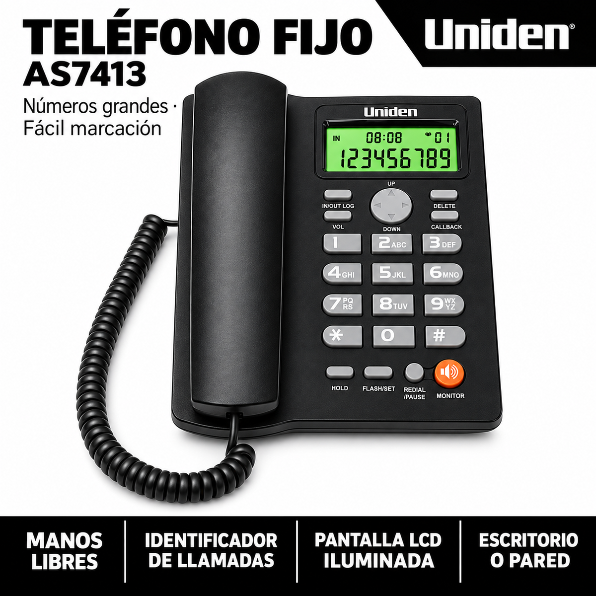 Teléfono De Red Fija Uniden Con Manos Libre Sobre Mesa 7413