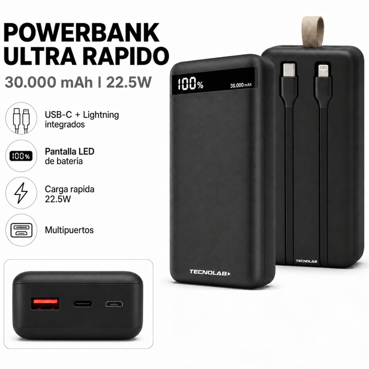 Powerbank Ultra Rápido de 30.000 MAH Multipuertos Black