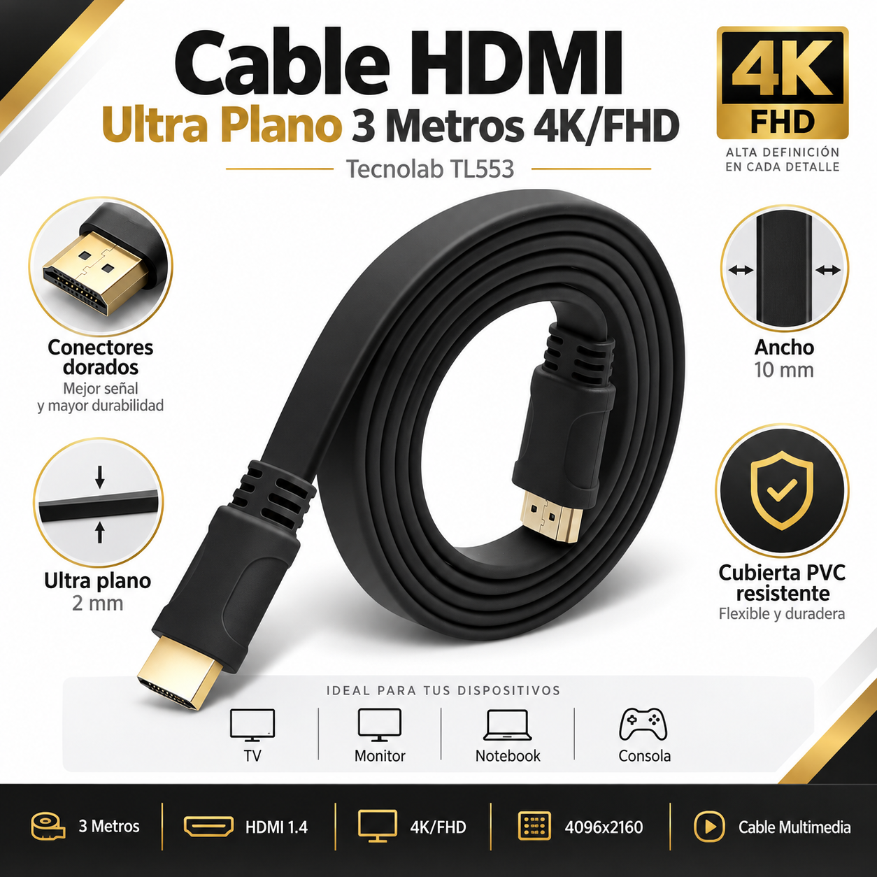 Cable HDMI Plano de 3 Metros con Compatibilidad 4K/FHD FT30